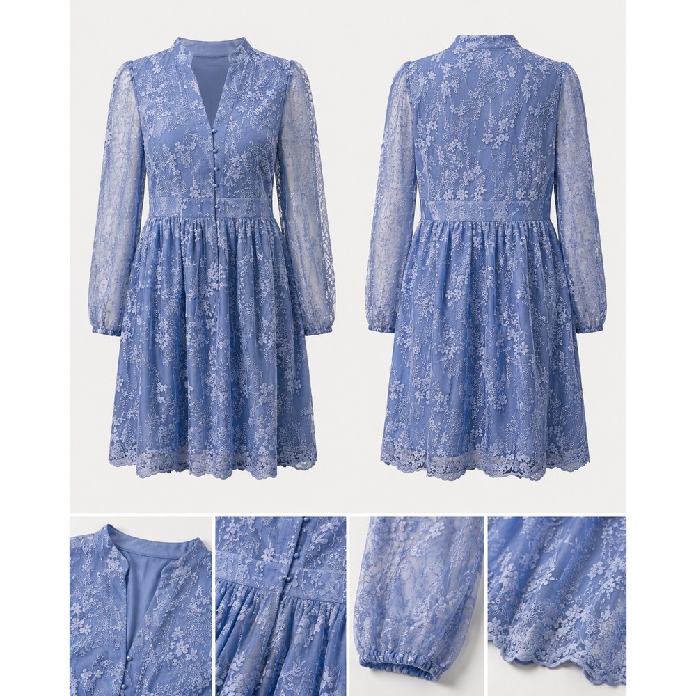 Light Blue Floral Lace Pearl Button Midi Dress Long Sleeve XXL Womens Romantic